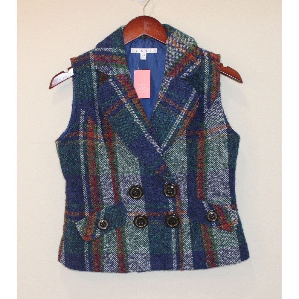 Cabi plaid vest XS double breasted wool blend tweed lined #908 NWT